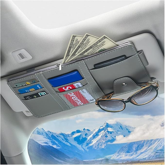 Car Sun Visor Organizer, Leather Storage Pocket Sun Visor Pouch with Zipper for Cards License Registration Pen Glasses Document, Fits Most Car SUV, Auto Interior Accessories for Men Women (Gray)