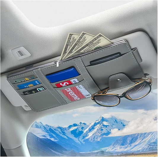 Car Sun Visor Organizer, Leather Storage Pocket Sun Visor Pouch with Zipper for Cards License Registration Pen Glasses Document, Fits Most Car SUV, Auto Interior Accessories for Men Women (Gray)