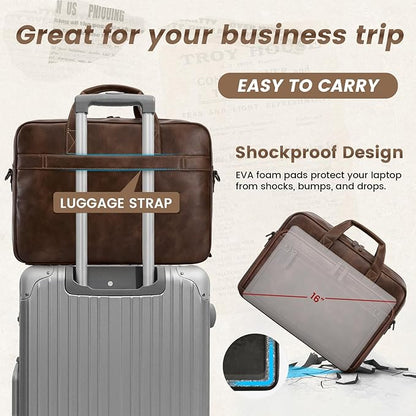 RAINSMORE Mens Laptop Bag 16 Inch Leather Briefcase Vintage Messenger Bag for Men Large Crossbody Shoulder Office Computer Bag Retro College Satchel Bag for Work, Business,Travel, Dark Brown