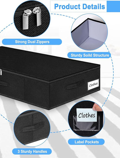 6.7-Inch Tall Under Bed Storage Bin with Zipper, Underbed Storage Container w/Rigid Sides & Bottom, Large Clothes Organizer Box for Bedroom, Dorm, Couch, Dressers, 30x15x6.7 Inches, Black