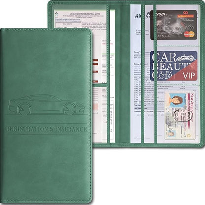 Car Accessories Registration and Insurance Holder,Leather Essential Card Magnetic Shut Vehicle Glove Box Organizer Case for Auto Driver License Document Truck Motorcycle Boat-Green