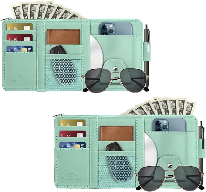 Car Sun Visor Organizer, Leather Pocket Organizer Sunglass Holder for Car Interior Accessories with Multi-Pocket Net Zipper
