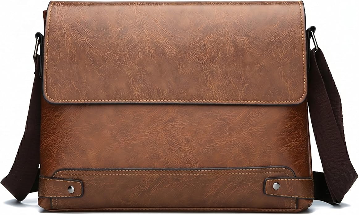 Vintage PU Leather Mens Messenger Bag - Slim Crossbody Shoulder Bag for Work, Travel & Daily Commute Casual Tablet Satchel