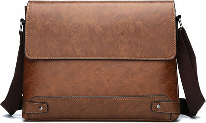 Vintage PU Leather Mens Messenger Bag - Slim Crossbody Shoulder Bag for Work, Travel & Daily Commute Casual Tablet Satchel