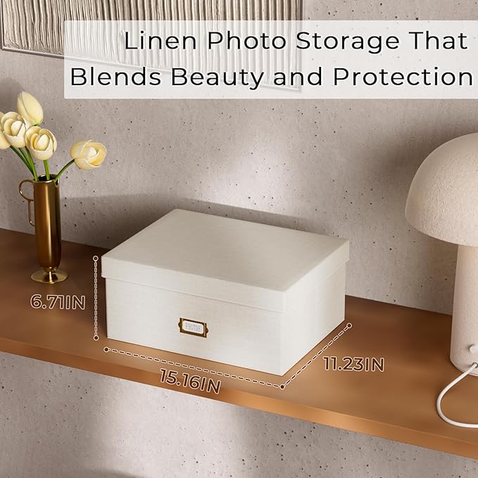 Decorative Photo Storage Box - Linen Photo Box Organizer with Dividers, Fits Holds Up to 1700 Pictures and 5x7 Photos, Memory Keepsake Organizer for Photos, Scrapbook Supplies, Cards, Stamps (Beige)