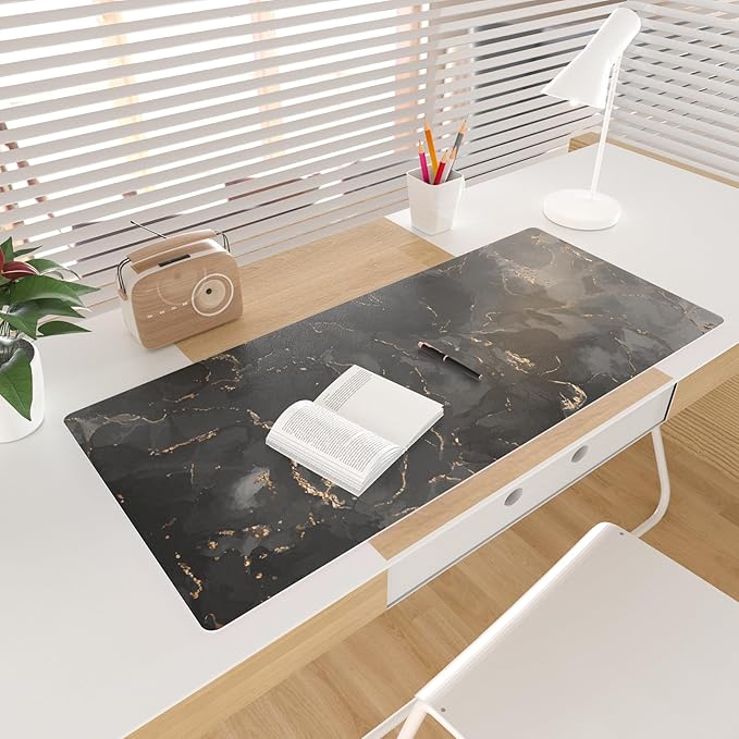 Colorful Star Black Marble Large Mouse Pad, Waterproof Office Desk Mat, Non-Slip Computer Gaming Mouse Pad, XXL PC Laptop Protector Pads, PU Leather Desk Writing Pads for Office Home, 31.5" x 15.7"