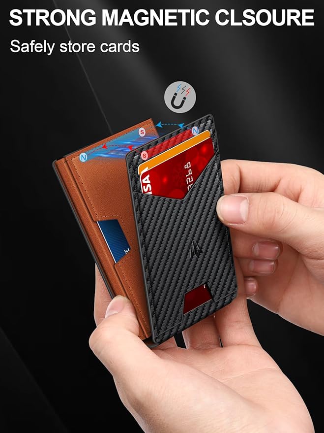 Wallet for Men, Slim Minimalist Wallet with Money Clip＆ID Window, RFID Blocking Pop-Up Credit Card Holder, Smart Auminum Mens Wallet Holds 9-13 Cards (Gift Box) (Carbon Fiber & Orange)