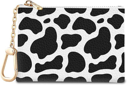 Cow Keychain Coin Purse for Women, Small PU Leather Change Pouch, Zipper Little Tiny Travel Wallet for Girls, Cute Kawaii Zip Pocket Coin Holder with Key Ring