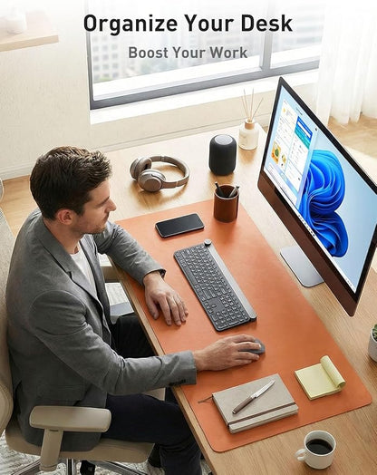Aothia Faux Leather Desk Mat - Large Mouse Pad, Non-Slip PU Leather Blotter, Waterproof Writing Surface for Office and Home (Orange, 55" x 17")