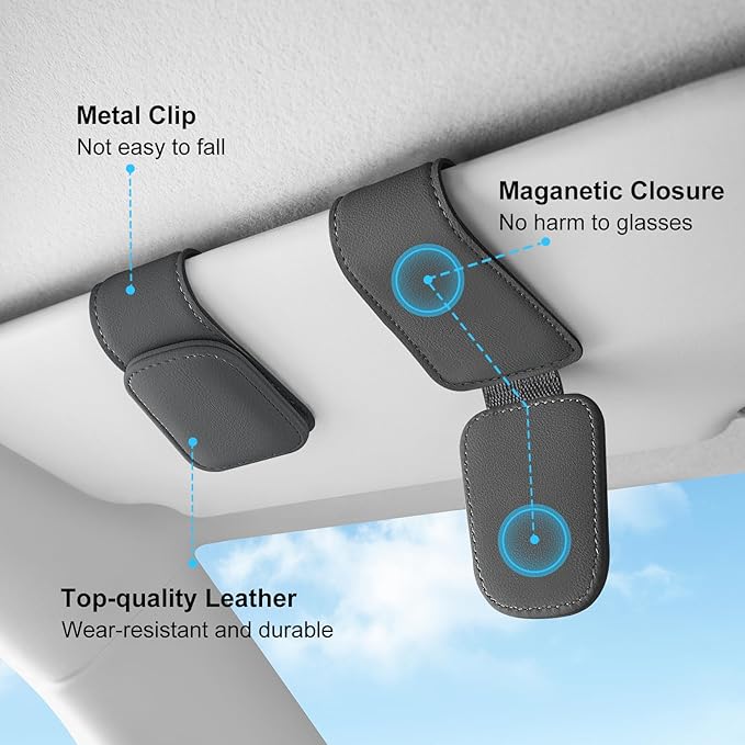 TCJJ Sunglasses Holders for Car Visor,Car Magnetic Glasses Holder Leather Sunglasses Clip and Ticket Card Clip Suitable for Car Interior Visor and Different Size Eyeglasses(Gray)