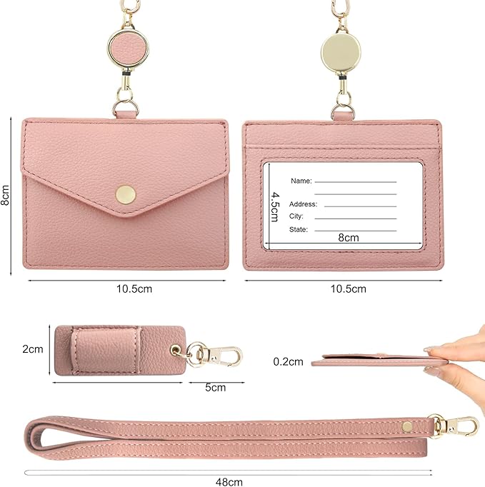 Office Badge Holder - Boshiho Genuine Leather Credit ID Card Holder with Stretch Neck Lanyard and Pen Clip, Gift Box (Horizontal-Pink)
