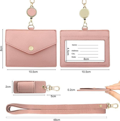 Office Badge Holder - Boshiho Genuine Leather Credit ID Card Holder with Stretch Neck Lanyard and Pen Clip, Gift Box (Horizontal-Pink)