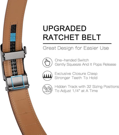 SENDEFN Men's Leather Belt Automatic Ratchet Buckle Slide Belt for Dress Casual Trim to Fit with Gift Box