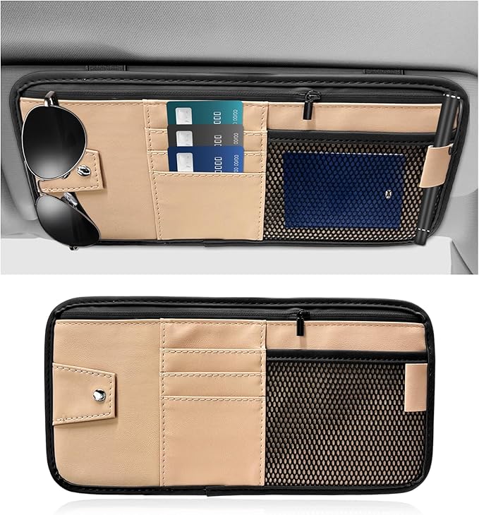 Car Sun Visor Organizer, PU Leather Multi-Pocket Visor Storage Pouch with Zipper, Auto Interior Document Holder Sunvisor Card Sleeve Pocket Organizer for Driving License Pen Key (Beige)