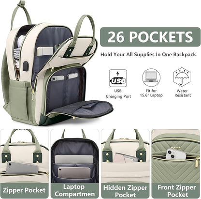 Laptop Backpack for Women Work Bag - Fits 17.3 Inch Laptop Bag Travel Work Backpack Anti-theft Bags with USB Charging Business Computer Waterproof Backpack Purse for Nurse Teacher Beige Light Green