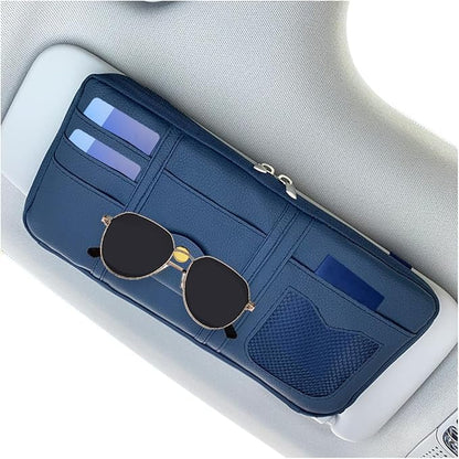 Car Sun Visor Organizer, Multi-Pocket Leather Vehicle Visor Storage Pouch & Sunglasses Holder, Auto Interior Document Card Holder with Double Zipper, Universal for Truck SUV Sedan (Navy Blue)