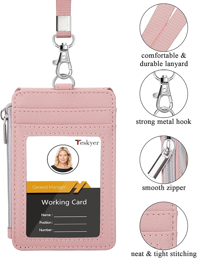 Teskyer Badge Holder with Side Zip Pocket, Multiple Card Slots Leather ID Holder Wallet with Neck Lanyard for Office Staffs, Teachers/Students, Workers, Cruise Cards, Bus/Metro Cards, Lichee Dark Pink