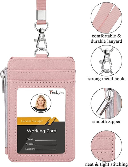 Teskyer Badge Holder with Side Zip Pocket, Multiple Card Slots Leather ID Holder Wallet with Neck Lanyard for Office Staffs, Teachers/Students, Workers, Cruise Cards, Bus/Metro Cards, Lichee Dark Pink