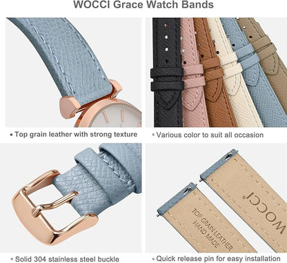 WOCCI 16mm Grace Watch Band for Ladies, Top Grain Leather, Quick Release Replacement Strap with Rose Gold Buckle (Mist Blue)