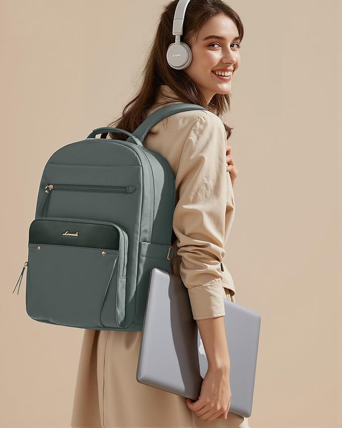 LOVEVOOK Laptop Backpack for Women with Leather Trim & Tumbler Pockets, 17.3" Work Backpack Purse, Travel Personal Item Bag, Carry On Business Computer Bag for Office, School, or Gift, Sage Green