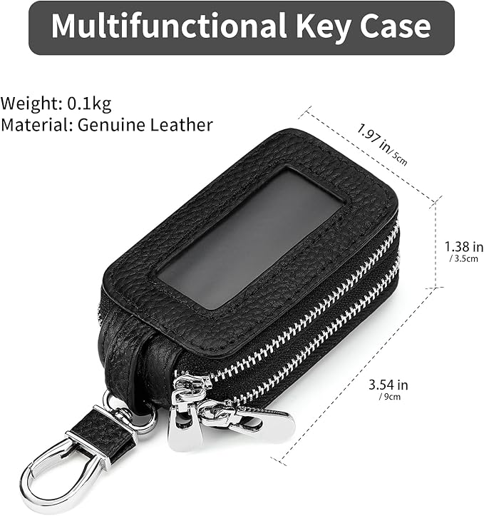 SENDEFN Car Key Fob Case Double Zipper Leather Smart Remote Keychain Protector Holder with Transparent Window