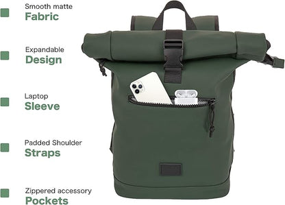 X RAY Roll Top Laptop Backpack for Men Women, PU Leather Expandable Roll Up Backpack Capacity Adjustable 22L & Fits 15.6" Laptop, Dark Olive