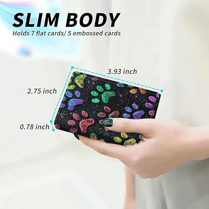 Minimalist Wallet for Men's Card Holders, Pop-Up Card Case Wallets for Women, Leather Automatic Credit Card Holder with Metal Money Clip RFID Blocking Bifold Pocket, Dog Paw Print Timber