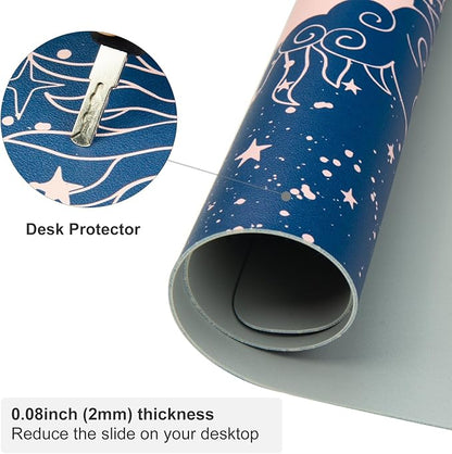 Colorful Star Starry Sky Large Mouse Pad, Celestial Moon and Sun Extended Gaming Mouse Pad Non-Slip Desk Mat, Leather Blue Keyboard Mat for Desktop Gaming Mousepad Accessories 31.5"x15.7"