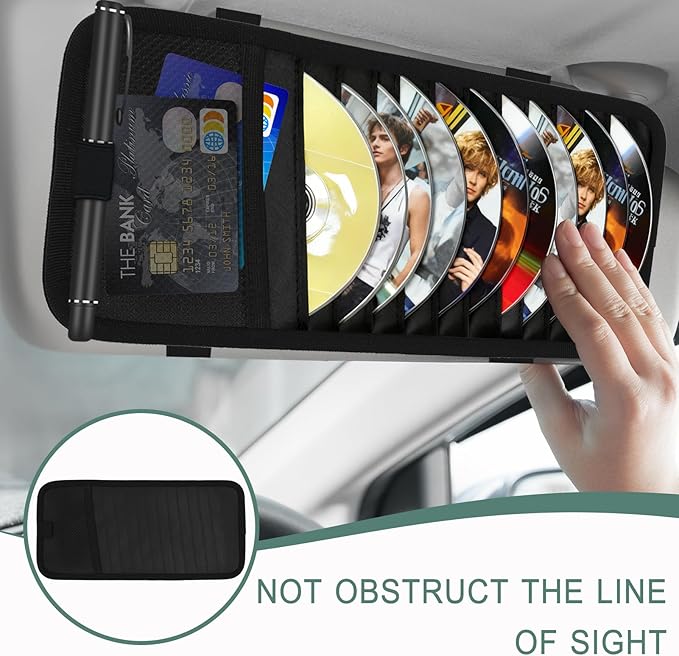 Sun Visor CD Holder, 12-Capacity Car Visor Organizer with DVD Sleeves and Mesh Pocket, Universal Visor Storage for Vehicle CD Case and Pen Holder Ergonomic Design (Black 1 Pcs)