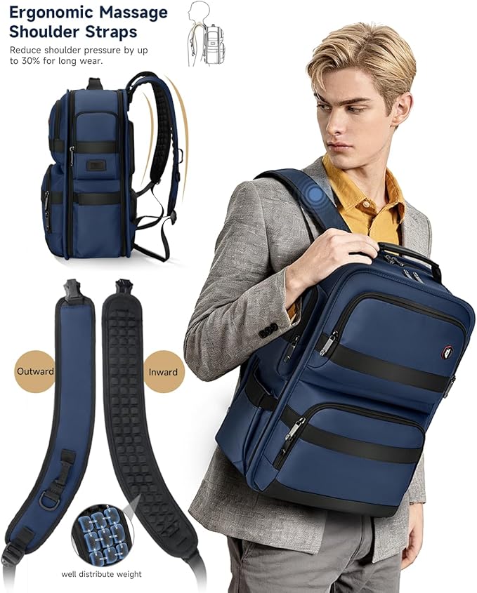 Work Laptop Backpack for Men 17in, USB-C Port Carry On Backpack with Patented Adjustable Width Straps, TSA Dual Laptop Compartments Backpack Travel, Waterproof Business Backpack for Professional, Blue