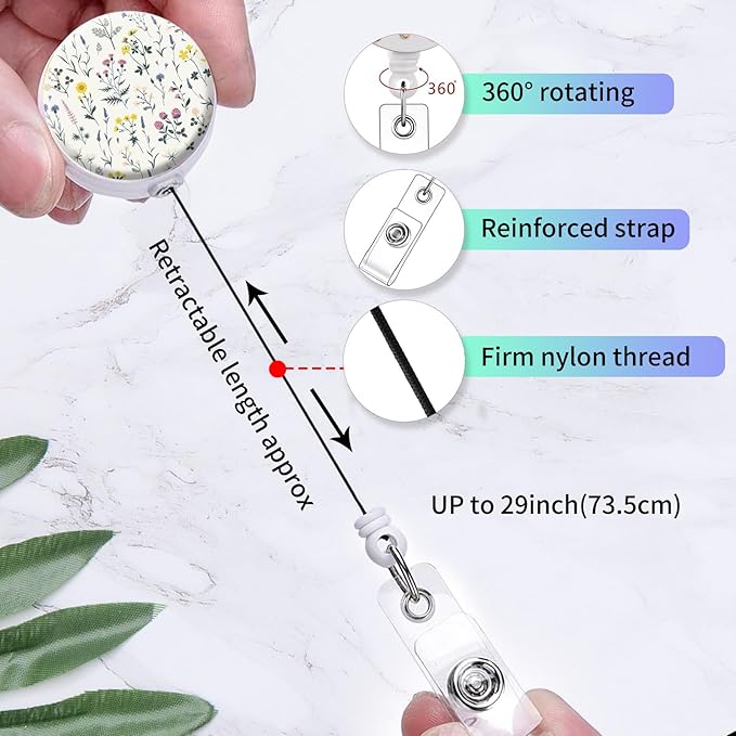 2 Pack Badge Reels Holder Retractable with ID Clip for Nurse Name Tag Card Nursing for Doctor Teacher Student Employee Office Medical Work (Cute Wildflower)