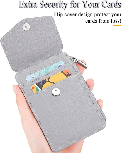 Teskyer Badge Holder with Side Zip Pocket, Multiple Card Slots Leather ID Holder Wallet with Neck Lanyard for Office Staffs, Teachers/Students, Workers, Cruise Cards, Bus/Metro Cards, Lichee Gray