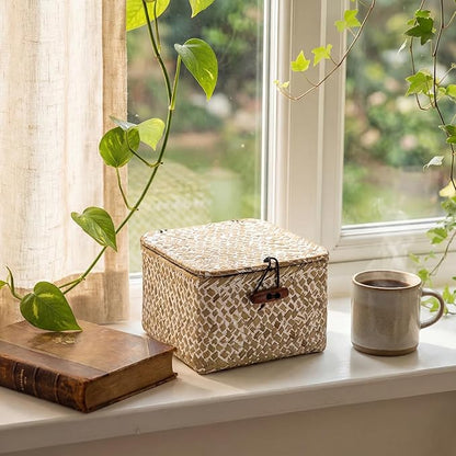Hipiwe Handwoven Seagrass Basket Decorative Shelf Basket with Lid Mini Wicker Storage Box for Key Hair Ties, Whitewash 4.7" x 4.7" x 3"