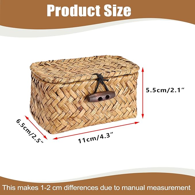 Hipiwe Handwoben Seagrass Basket With Lid Wicker Storage Baskets Decorative Shelf Basket Mini Desktop Organizer, Caramel 4.3" x 2.5" x 2.1"