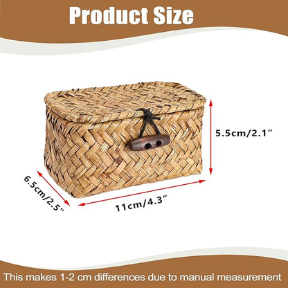 Hipiwe Handwoben Seagrass Basket With Lid Wicker Storage Baskets Decorative Shelf Basket Mini Desktop Organizer, Caramel 4.3" x 2.5" x 2.1"
