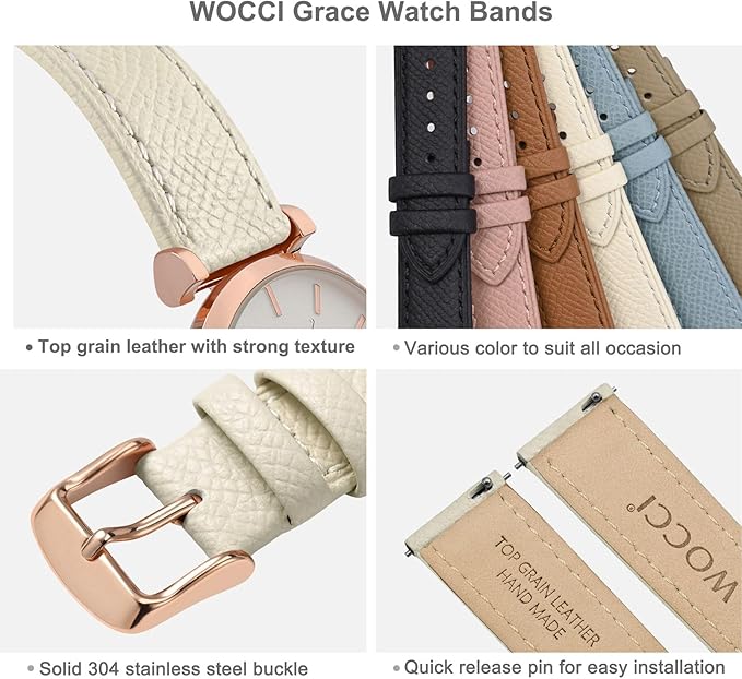 WOCCI 14mm Grace Watch Band for Ladies, Top Grain Leather, Quick Release Replacement Strap with Rose Gold Buckle (Beige)