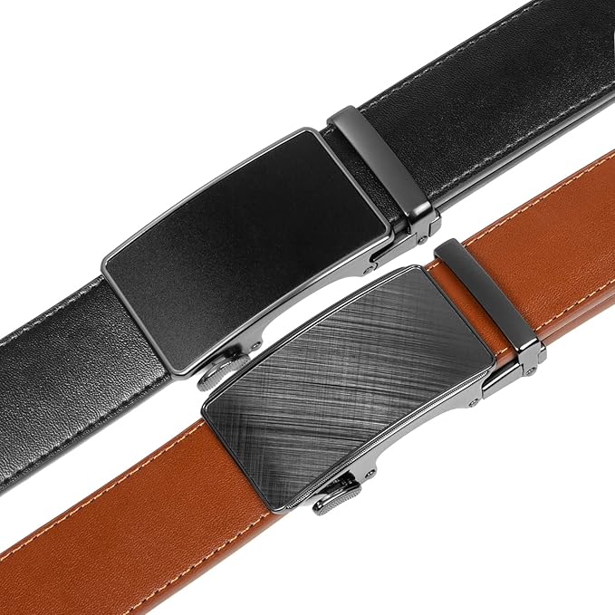 Founders & C Mens Belt 2 Pack,Leather Ratchet Click Belt Dress with Slide Buckle 1 3/8" in Gift Set Box- Size Adjustable