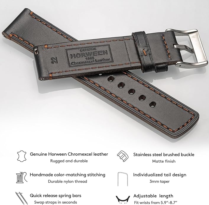 hemsut h Leather Watch Bands for Men, Horween Quick Release Leather Watch Strap Vintage Watch Replacement Wrap of 18mm, 20mm, 22mm