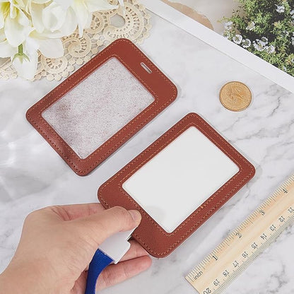2PCS Brown PU Leather ID Card Case Vertical Sided Badge Holder Waterproof Leather Photocard Protector Name Badge Pouch with Clear Window for Office Staff Students School Driver's Licenses
