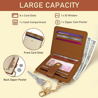 Jogjam Small Ladies Wallet, Rfid Slim Thin Compact Credit Card Women Wallet, PU Leather Bifold Cash Wallet, Zipper Coin Pocket & ID Window, Female Gifts Beige and Brown