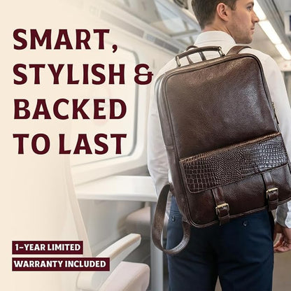 15.6" Luxury Burgundy Leather Laptop Backpack for Men & Women. Leather Bag for Professional Use in Office & Business