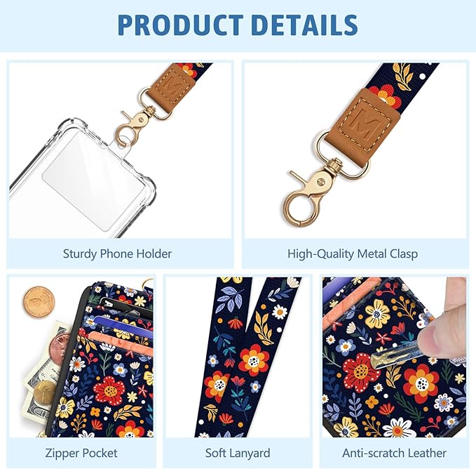 Piefly Flowers Lanyard Wallet with ID Badge Holder, Floral Small RFID Wallets Women Keychain Wristlet, Slim Credit Card Holder with Zipper Pocket Phone Lanyard Wrist Strap Name Tag Office Teacher Gift