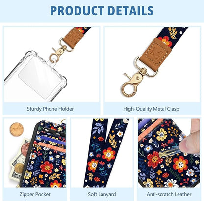 Piefly Flowers Lanyard Wallet with ID Badge Holder, Floral Small RFID Wallets Women Keychain Wristlet, Slim Credit Card Holder with Zipper Pocket Phone Lanyard Wrist Strap Name Tag Office Teacher Gift