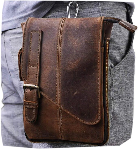 Le'aokuu Mens Genuine Leather Small Messenger Shoulder Satchel Phone Pouch Belt Waist Bag Pack