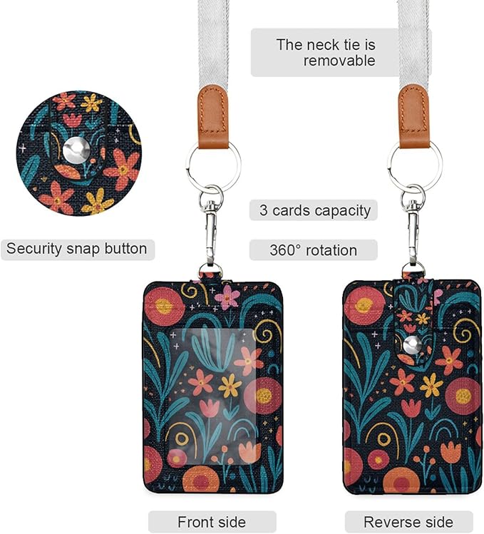 Badge Holder, Abstract Floral PU Leather School College Business ID Badge Card Holder Wallet Case with 1 Clear Window, 2 Credit Card Slots and Detachable Neck Lanyard - Vertical