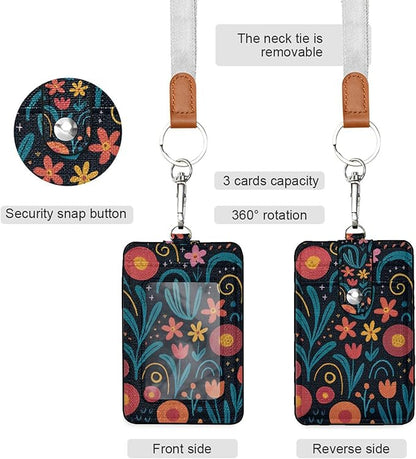 Badge Holder, Abstract Floral PU Leather School College Business ID Badge Card Holder Wallet Case with 1 Clear Window, 2 Credit Card Slots and Detachable Neck Lanyard - Vertical