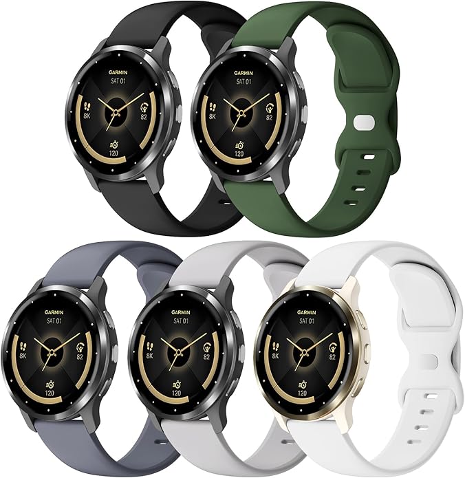 5 Pack 18mm Silicone Watch Band Compatible with Garmin Vivoactive 4S/Vivomove 3S/Venu 3S 41mm/Venu 4 41mm/Venu 2S/Forerunner 255S/265S, Quick Release Soft Sport Straps for Women Men