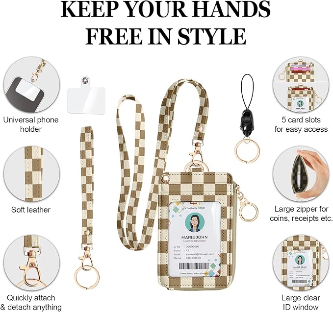 bolimoss Checkered ID Badge Holder & Lanyard Wallet for Teachers Nurse Women, Cute RFID Zippered Coin Pouch,Removable Wristlet & Neck Lanyard, 5 Card Slots, Phone Holder, Keyring