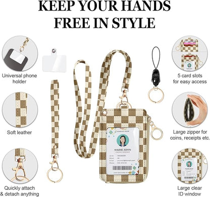 bolimoss Checkered ID Badge Holder & Lanyard Wallet for Teachers Nurse Women, Cute RFID Zippered Coin Pouch,Removable Wristlet & Neck Lanyard, 5 Card Slots, Phone Holder, Keyring