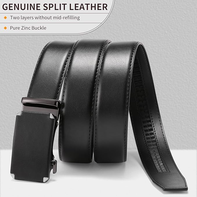GAEKEAO Ratchet Belts for Men Dress Casual 1 3/12" Adjustable Genuine Leather Slide Buckle Designer Belt with Box Trim to Fit